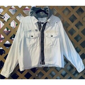 FREE PEOPLE Weekend Wanderer Wht Chambray Distressed Embroidered Hoodie Jacket L
